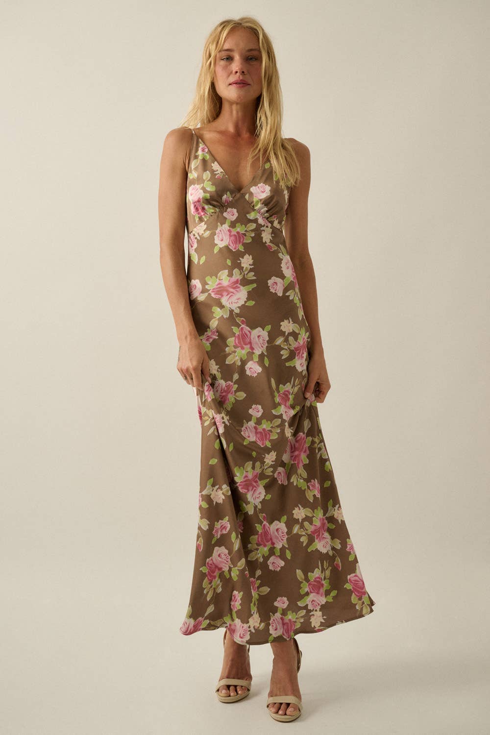 Floral-Print Satin Bias-Cut V-Neck Dress