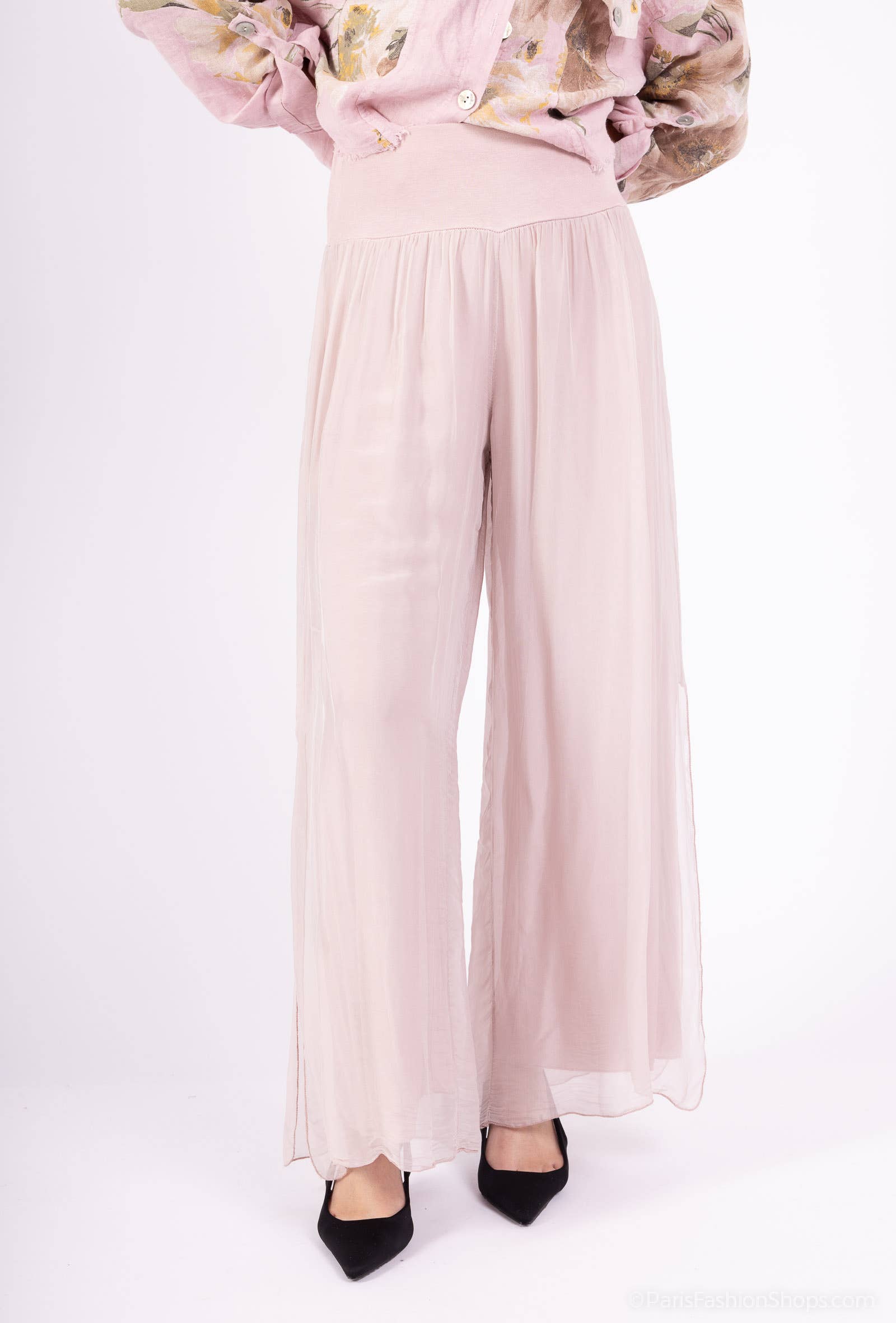 Silk pants open on the sides at the bottom