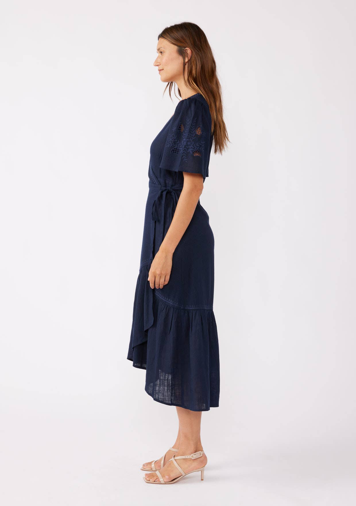 Cutout Embroidered Short Sleeve Midi Wrap Dress