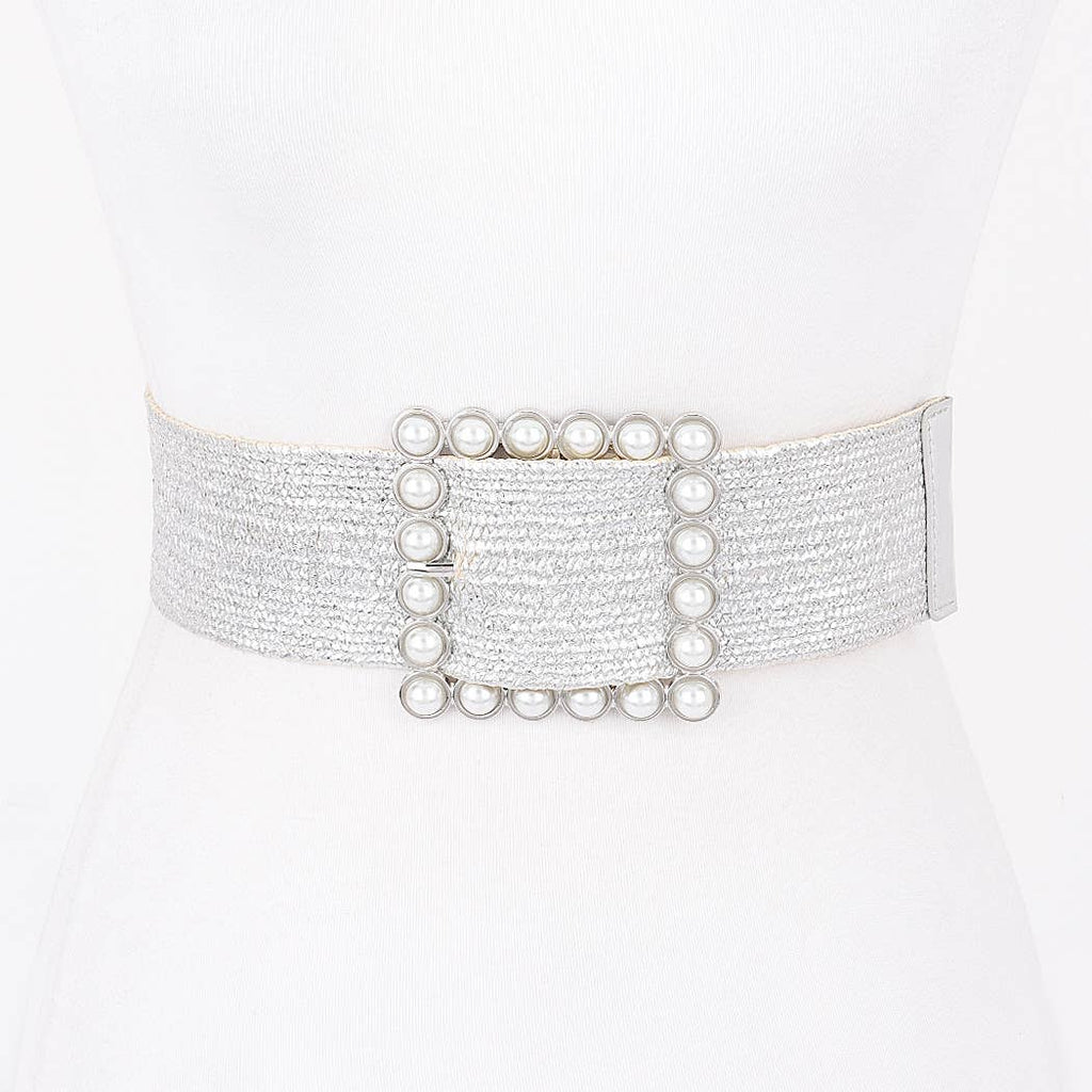 Wide Pearl Buckle Elastic Belt