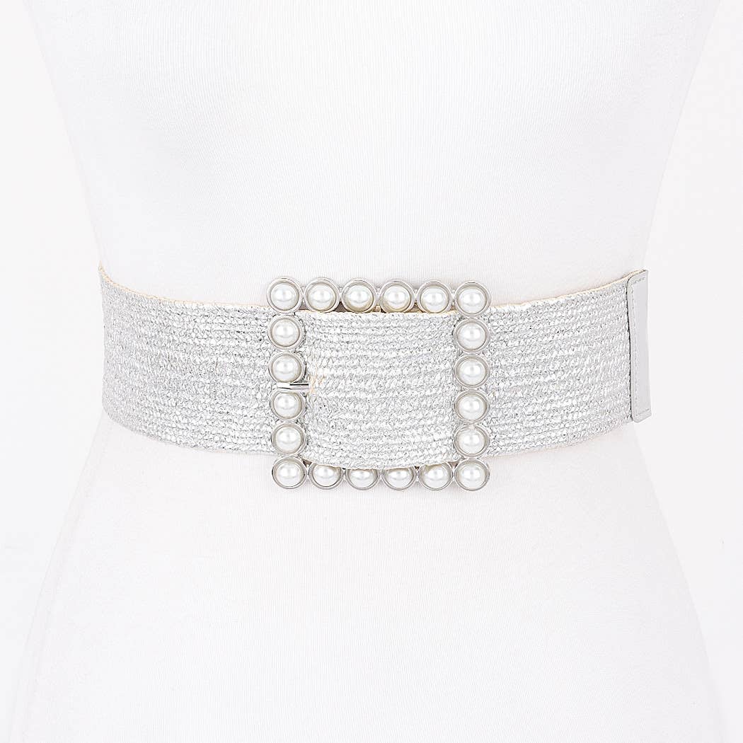 Wide Pearl Buckle Elastic Belt