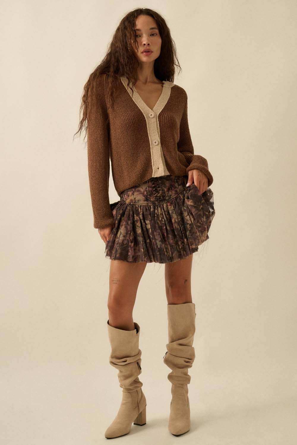 Floral-Print Drop-Waist Lace-Up Pleated Mini Skort