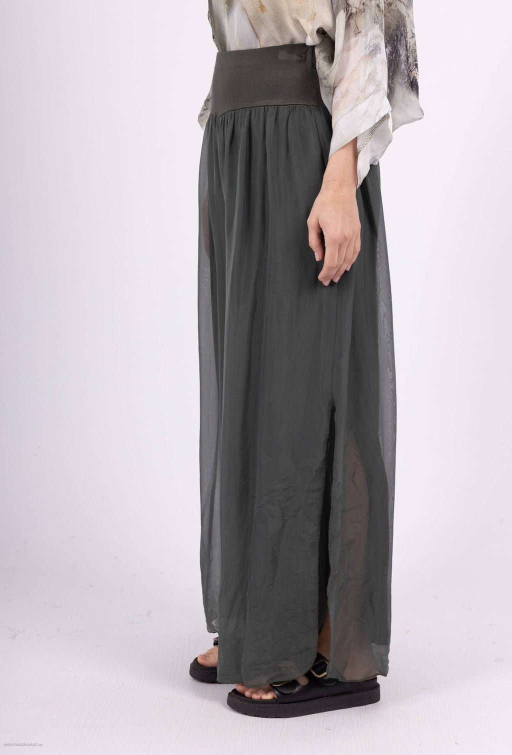 Silk pants open on the sides at the bottom