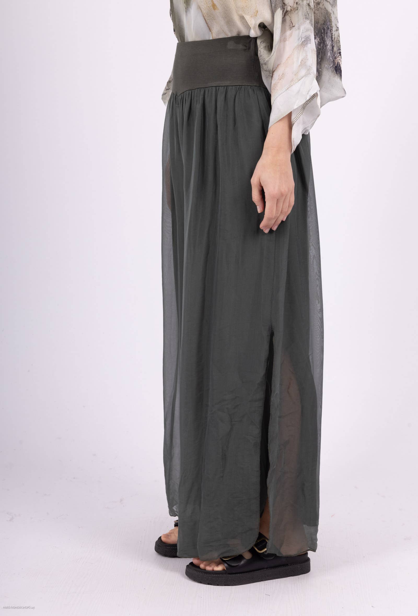 Silk pants open on the sides at the bottom