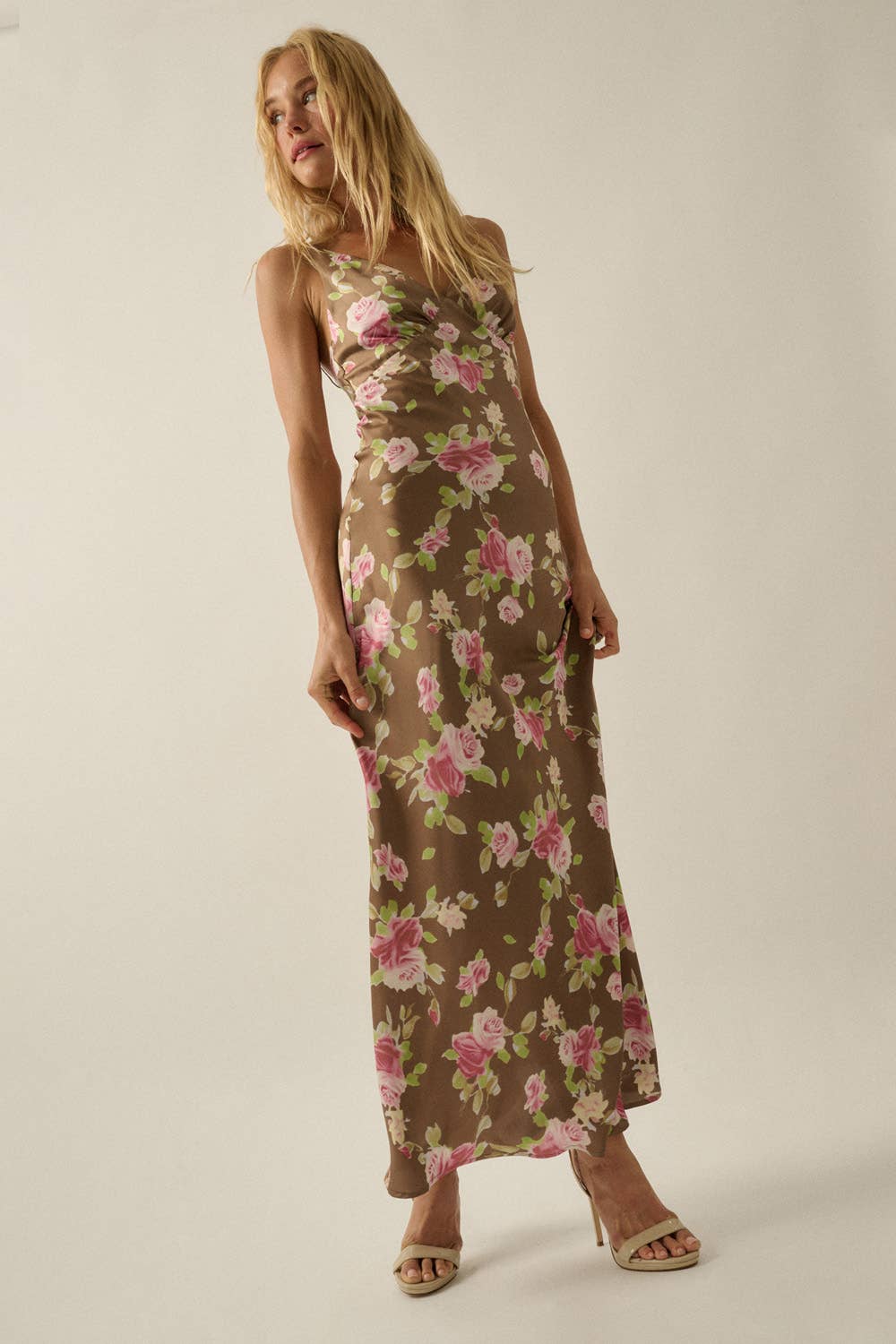 Floral-Print Satin Bias-Cut V-Neck Dress