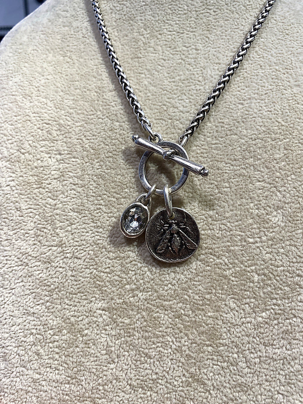 Silver Wheat Chain Toggle Necklace with Bee and Crystal Charms