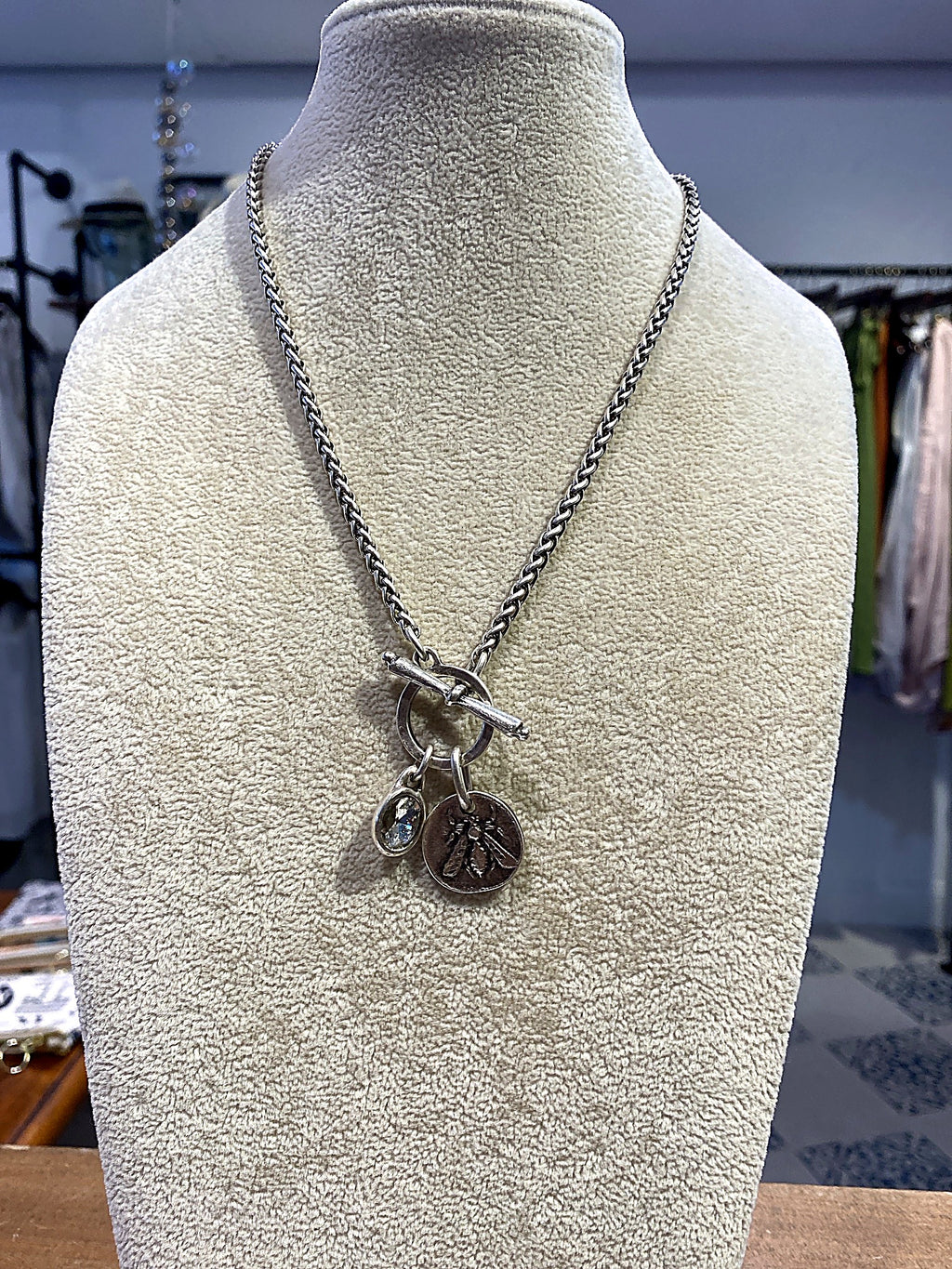 Silver Wheat Chain Toggle Necklace with Bee and Crystal Charms