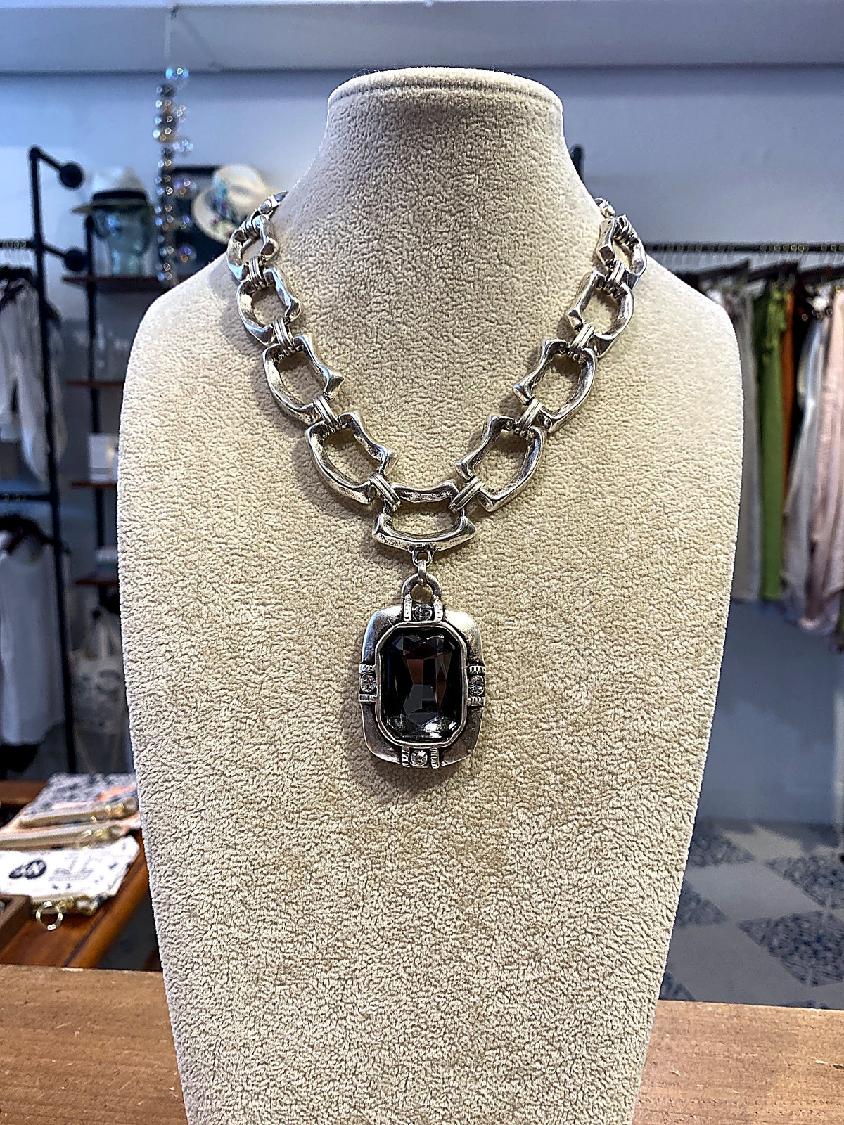 Silver Chunky Link Necklace with Smoky Crystal Pendant