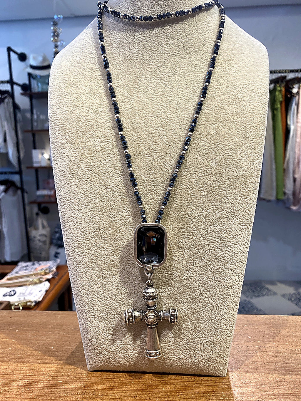 Silver Cross Necklace with Dark Crystal and Beaded Chain
