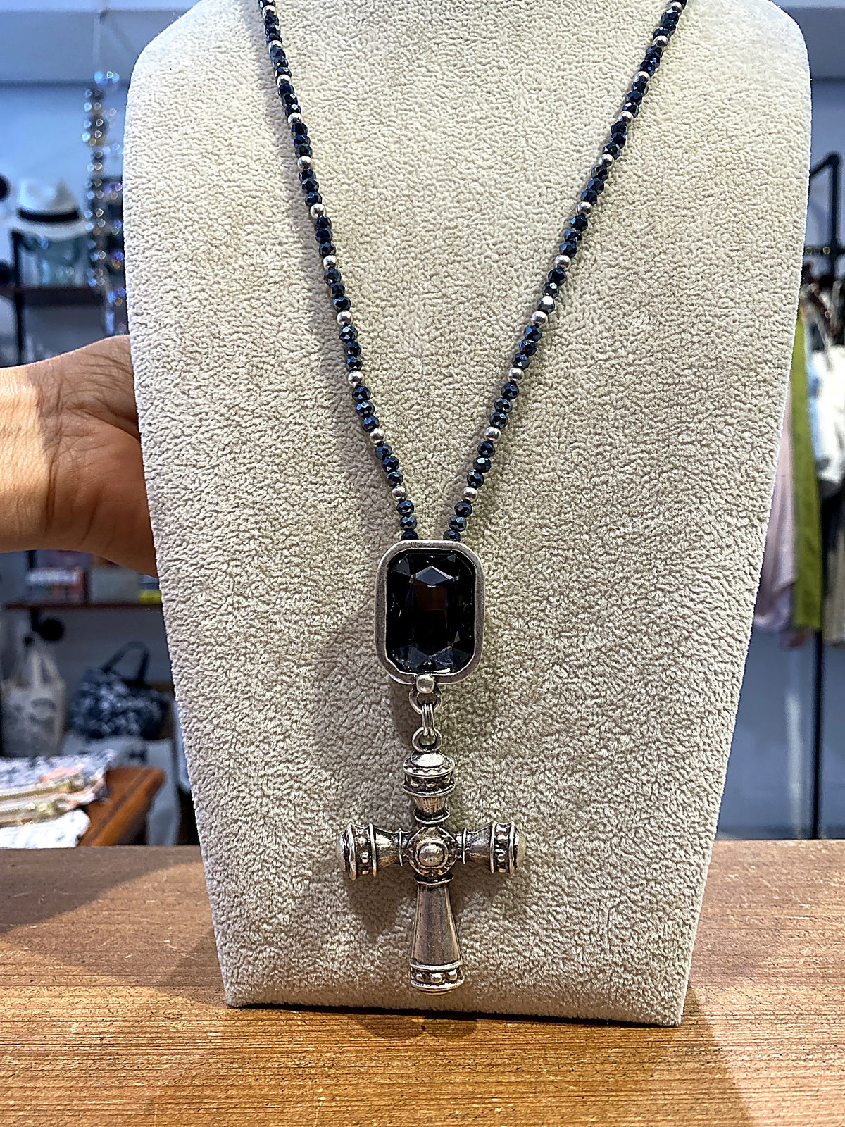 Silver Cross Necklace with Dark Crystal and Beaded Chain
