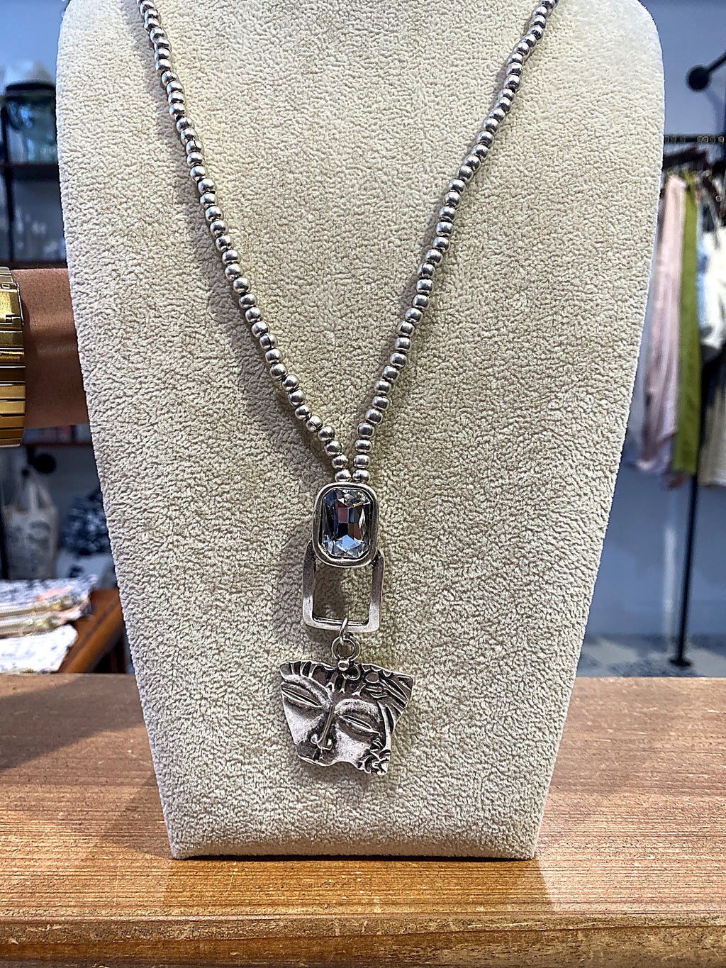 Silver Bead Necklace with Crystal and Face Pendant