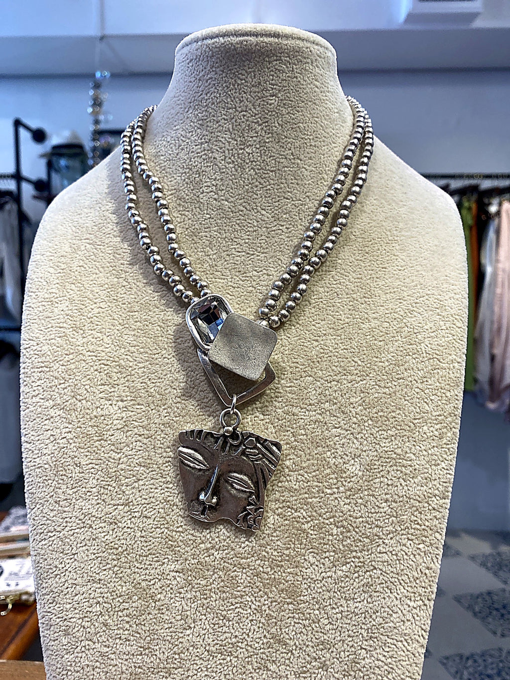 Silver Bead Necklace with Crystal and Face Pendant