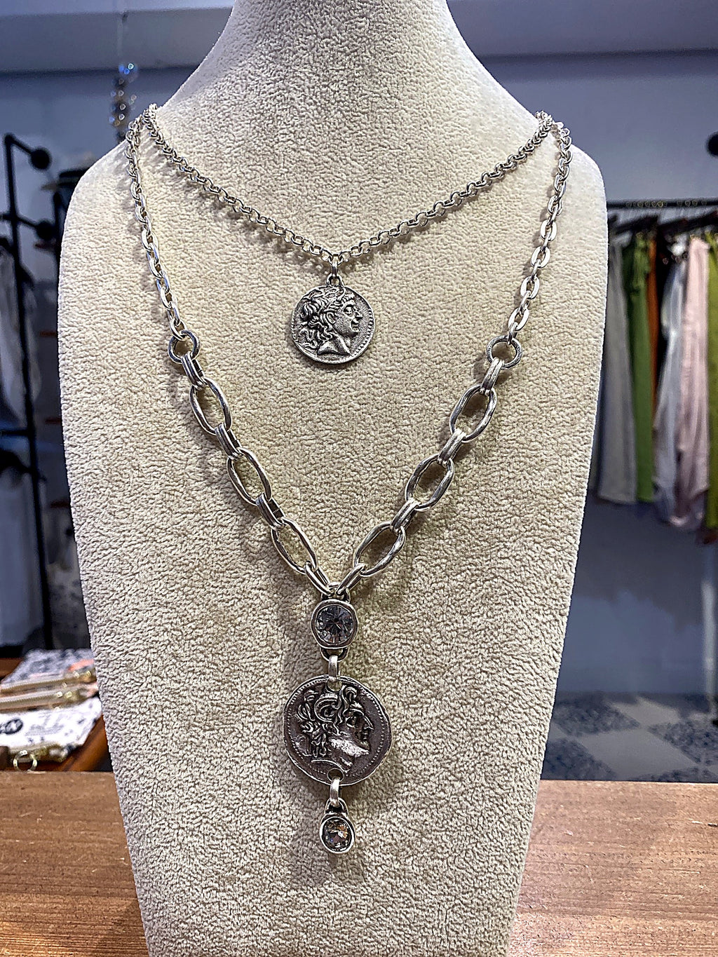Silver Layered Coin Necklace with Crystals