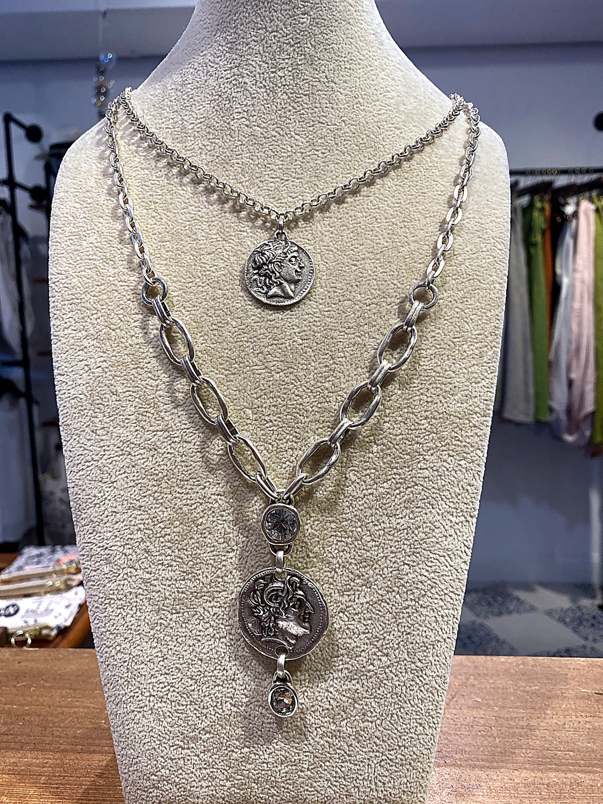 Silver Layered Coin Necklace with Crystals