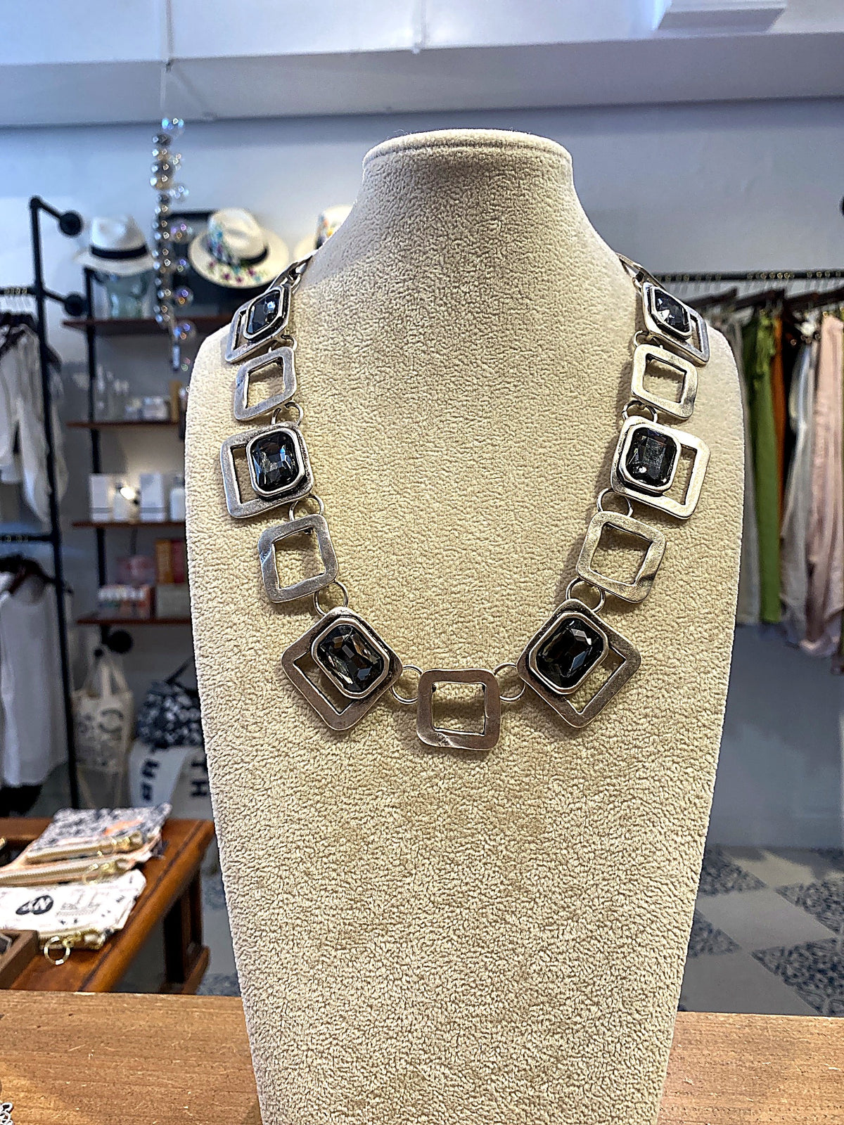 Silver Geometric Square Link Necklace with Dark Crystals