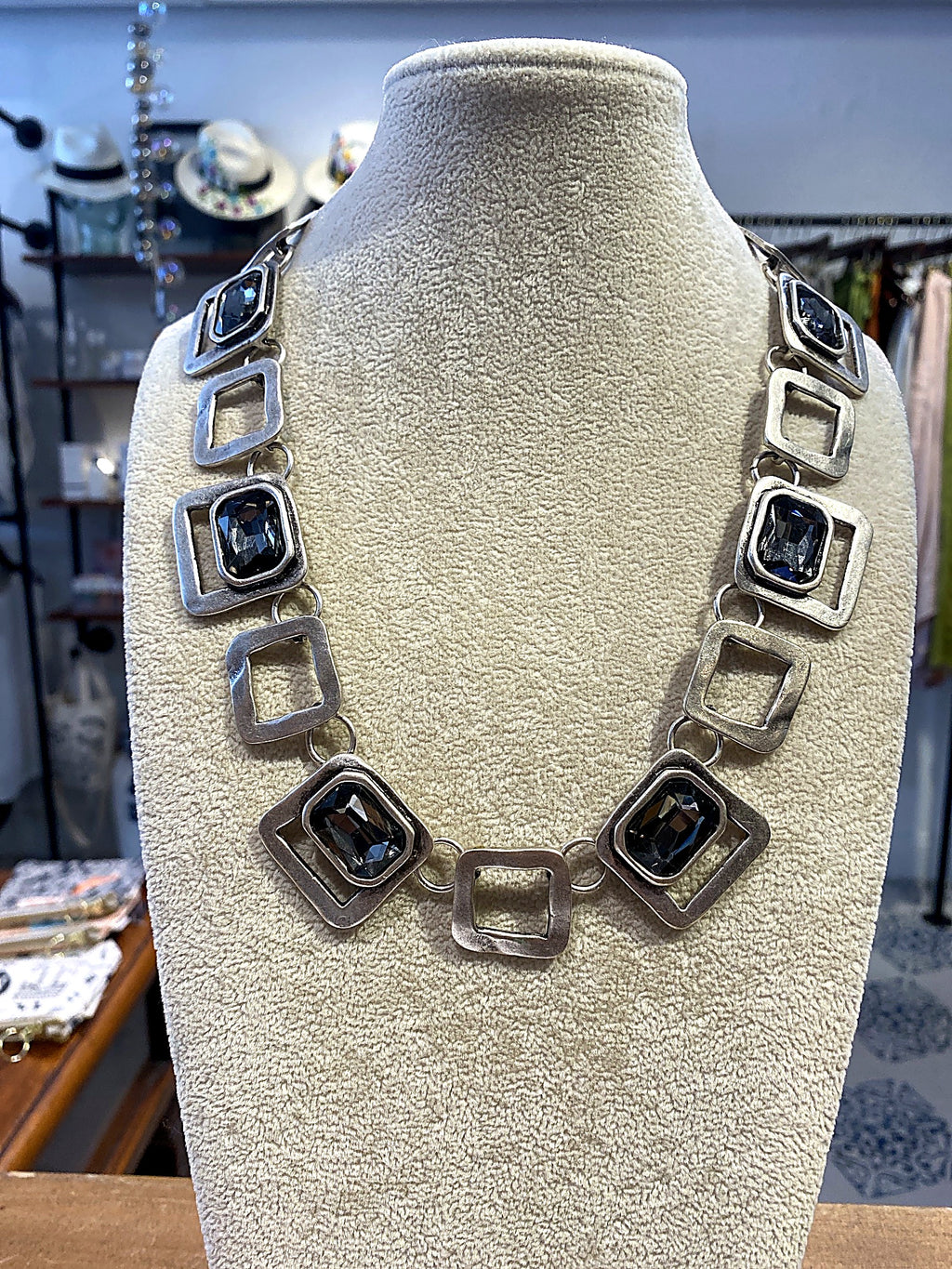 Silver Geometric Square Link Necklace with Dark Crystals