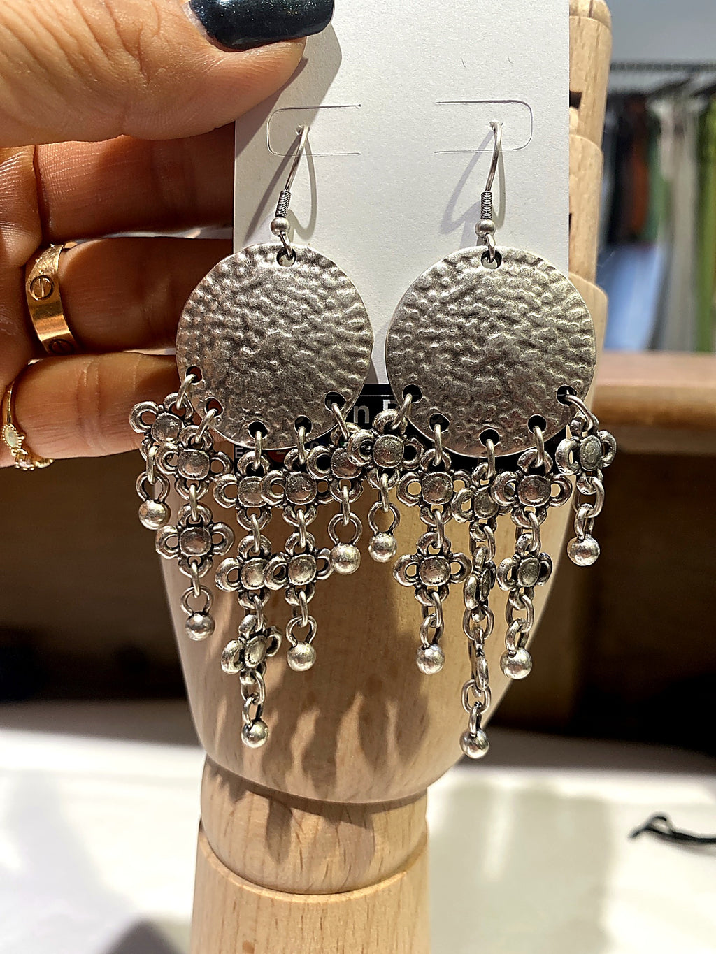 Silver Hammered Disc Tassel Earrings