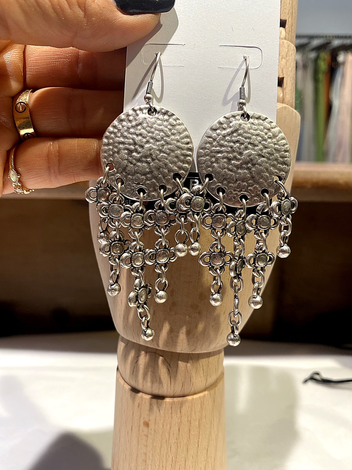 Silver Hammered Disc Tassel Earrings